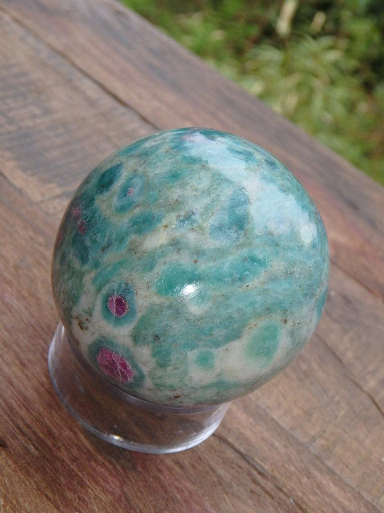 Lush Raspberry Red Ruby Fuschite Sphere Carving - Earth Family Crystals