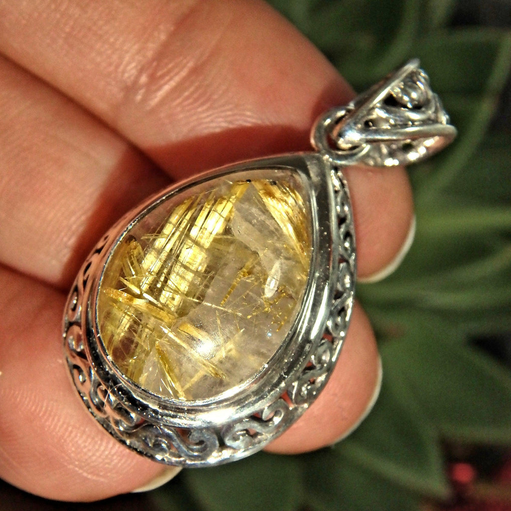 Elegant Golden Rutilated Quartz Sterling Silver Pendant (Includes Silver Chain) - Earth Family Crystals