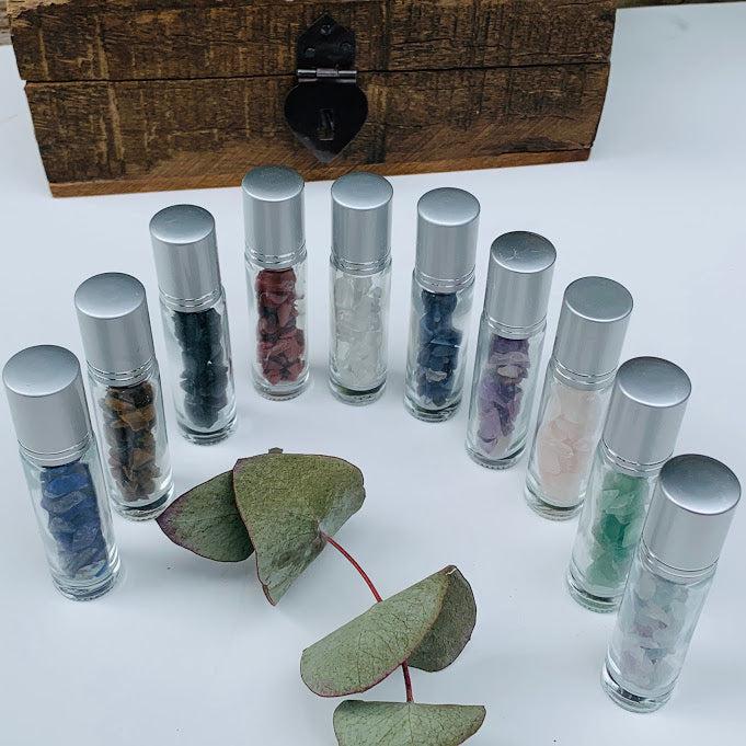 Set of 10 Gemstone Roller Glass Bottles For Essential Oils - Earth Family Crystals