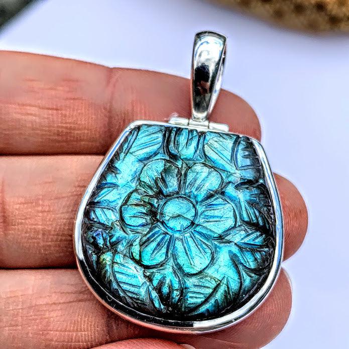 Fabulous Flower Carved Labradorite Pendant in Sterling Silver (Includes Silver Chain) #3 - Earth Family Crystals