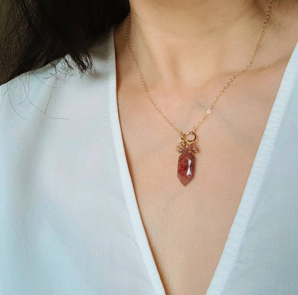 *PRE-ORDER* Strawberry Quartz & Pink Tourmaline Handmade 14K Gold Fill Necklace on 17" Chain - Earth Family Crystals