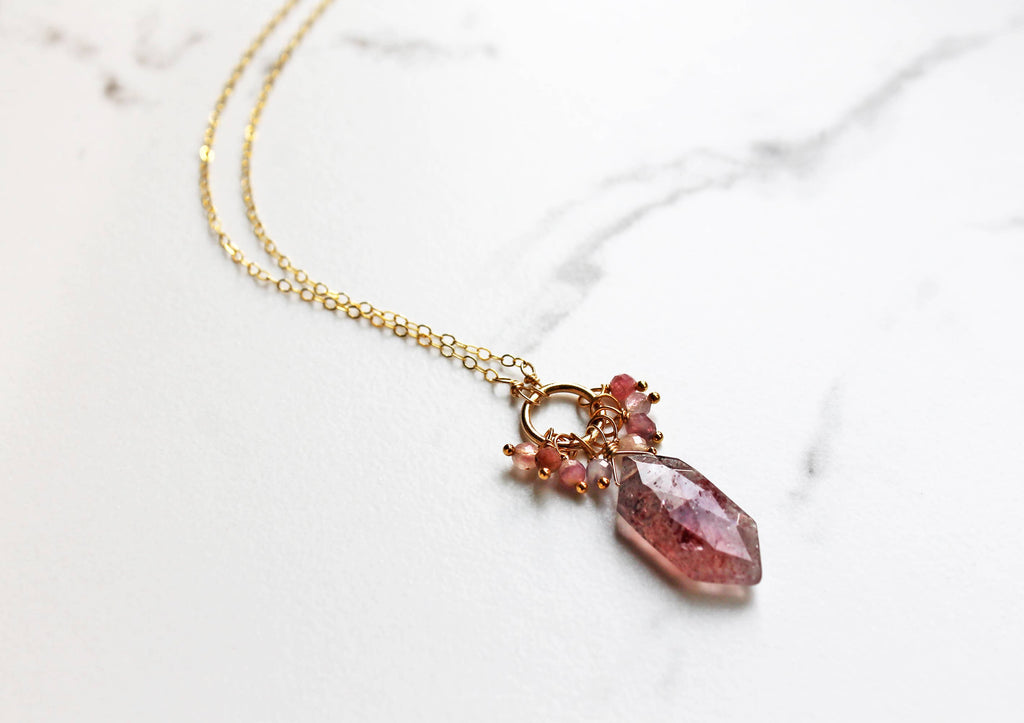 *PRE-ORDER* Strawberry Quartz & Pink Tourmaline Handmade 14K Gold Fill Necklace on 17" Chain - Earth Family Crystals