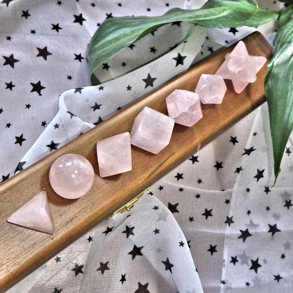 Complete 7 Stone Rose Quartz Sacred Geometry (Platonic solids) Carvings in Protective Wood Case - Earth Family Crystals