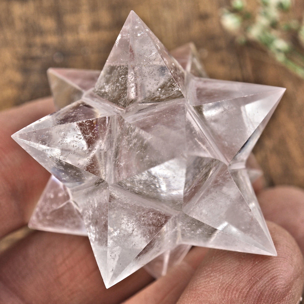 One 12 Pointed Star Double Merkaba (Stellated Dodecahedron) Clear Quartz Carving From Brazil - Earth Family Crystals