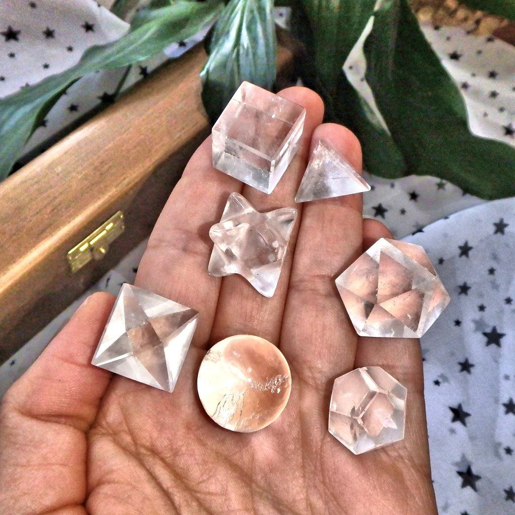 Complete 7 Stone Clear Quartz  Sacred Geometry (Platonic solids) Carvings in Protective Wood Case - Earth Family Crystals