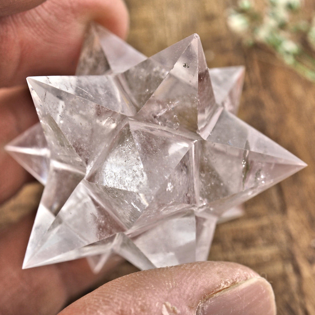 One 12 Pointed Star Double Merkaba (Stellated Dodecahedron) Clear Quartz Carving From Brazil - Earth Family Crystals