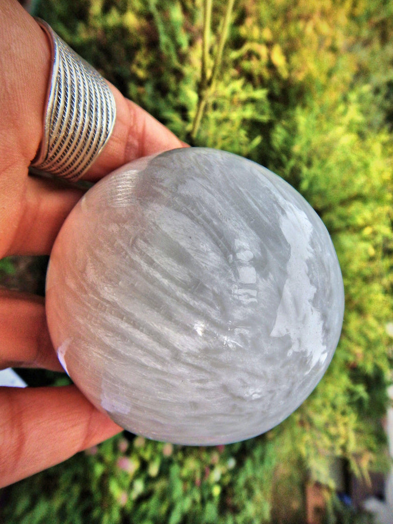 Lovely Silky Blooming Patterns White Scolecite Sphere Carving - Earth Family Crystals