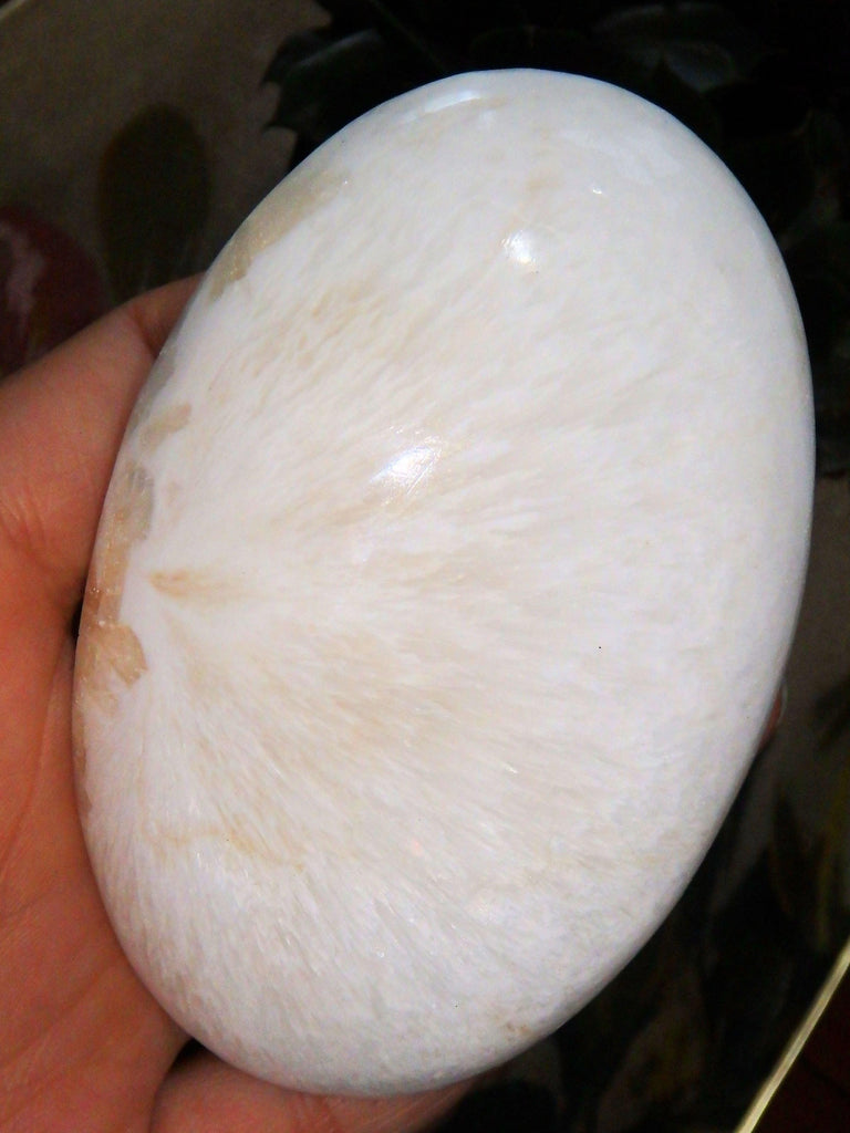 Blooming Flower Pattern Polished Scolecite Oval Palm Stone From India - Earth Family Crystals