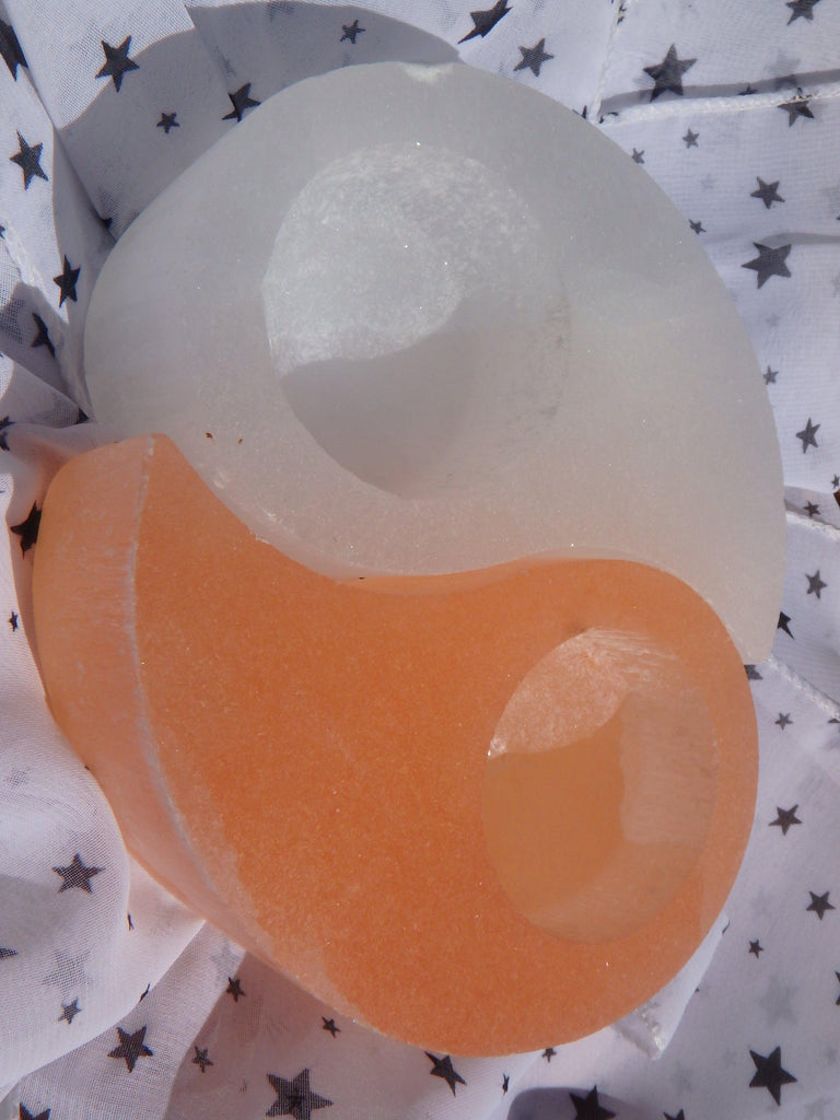 Stunning Orange & White Selenite Yin Yang Candle Holder - Earth Family Crystals