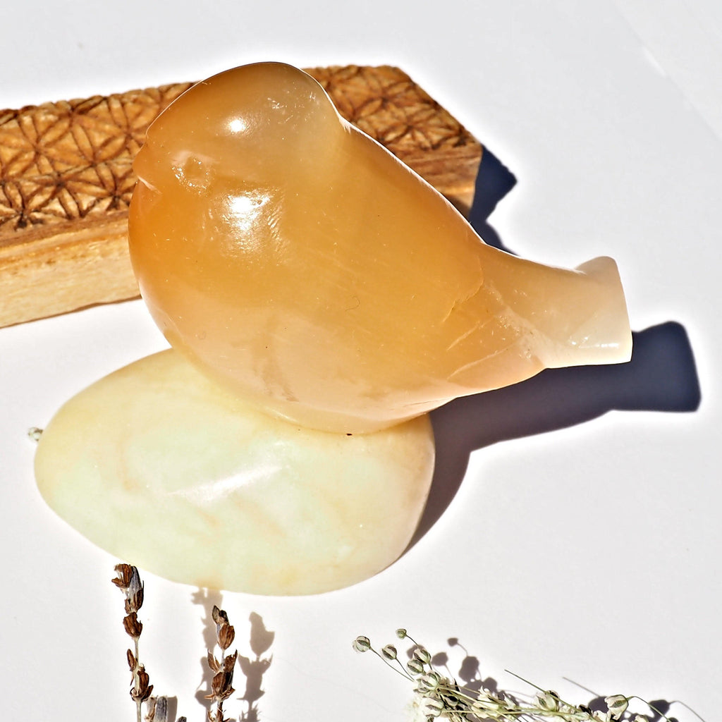 Cute Vintage Orange Selenite Bird Perched on Stand - Earth Family Crystals