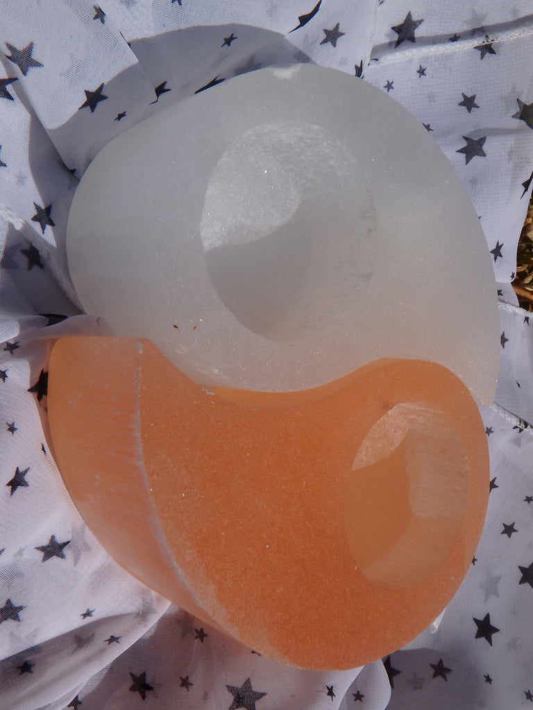 Stunning Orange & White Selenite Yin Yang Candle Holder - Earth Family Crystals