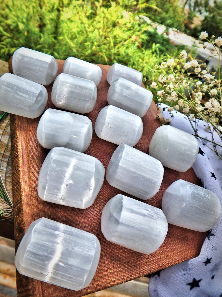 Set of 2 White Sheen Selenite Tumbled Pocket Stone - Earth Family Crystals