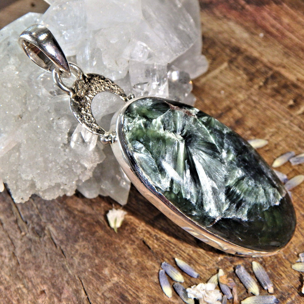 Silver Angel Wings & Forest Green Seraphinite Sterling Silver Pendant (Includes Silver Chain) - Earth Family Crystals