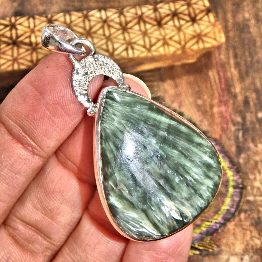Billowy Silver Patterns Seraphinite  Pendant in Sterling Silver (Includes Silver Chain) - Earth Family Crystals