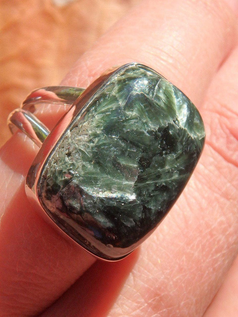 Deep Rainforest Green Seraphinite Ring In Sterling Silver (Size 8.5) - Earth Family Crystals