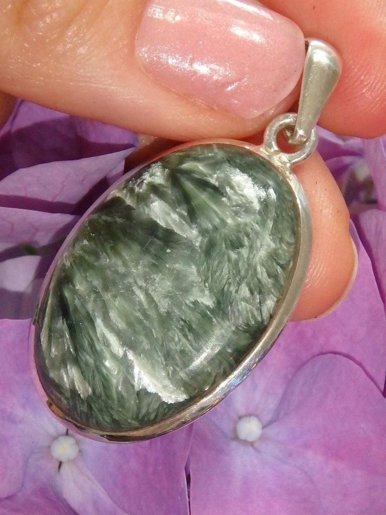 Silver Angel Wing Inclusions Seraphinite Oval Pendant in Sterling Silver (Includes Silver Chain) - Earth Family Crystals