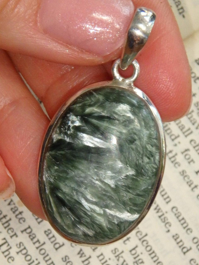 Silver Angel Wing Inclusions Seraphinite Oval Pendant in Sterling Silver (Includes Silver Chain) - Earth Family Crystals