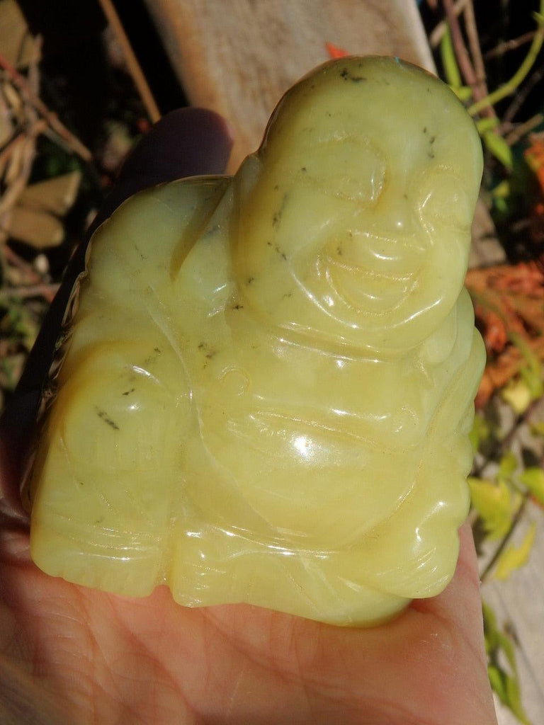 Happy Buddha Carving in Vibrant Green Healerite (Serpentine) - Earth Family Crystals