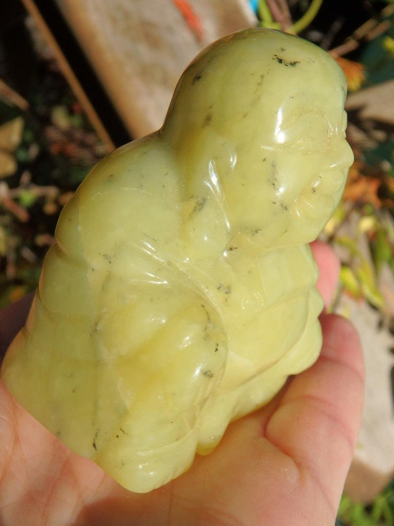 Happy Buddha Carving in Vibrant Green Healerite (Serpentine) - Earth Family Crystals