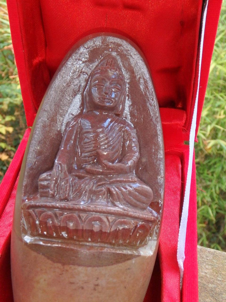 Intricately Carved Buddha Sacred Shiva Lingham Display Specimen in Satin Display Case - Earth Family Crystals