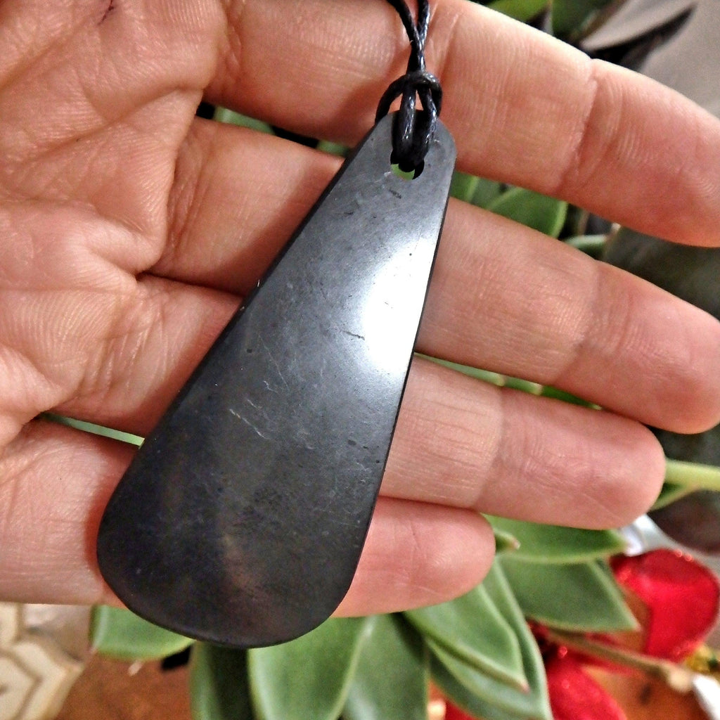 Healing Polished Shungite EMF Protective Pendant on Cotton Cord 1 - Earth Family Crystals