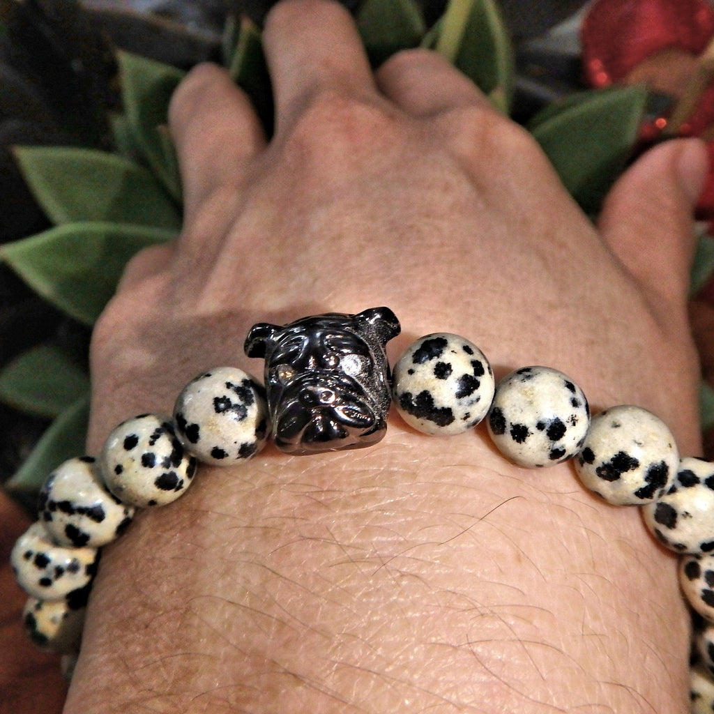 Dalmatian Jasper Bracelet With Bulldog Charm on Stretchy Cord - Earth Family Crystals