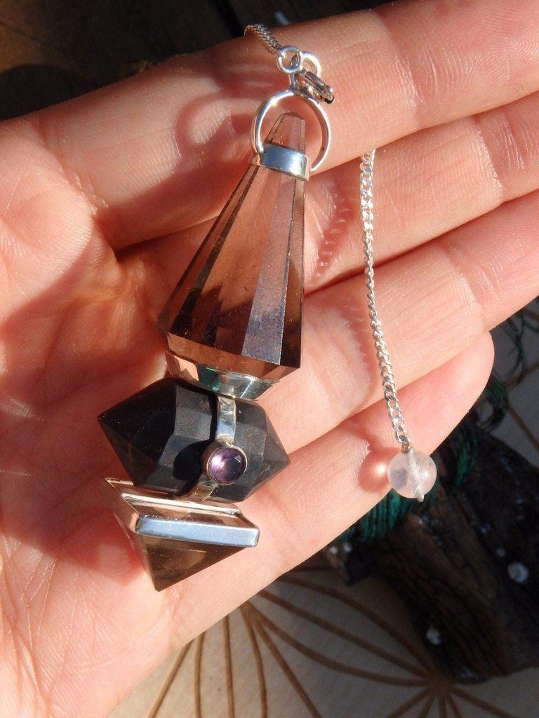 Custom Crafted~ Shungite & Smoky Quartz Pendulum With Faceted Amethyst  Carnelian Accent Stones In Sterling Silver - Earth Family Crystals