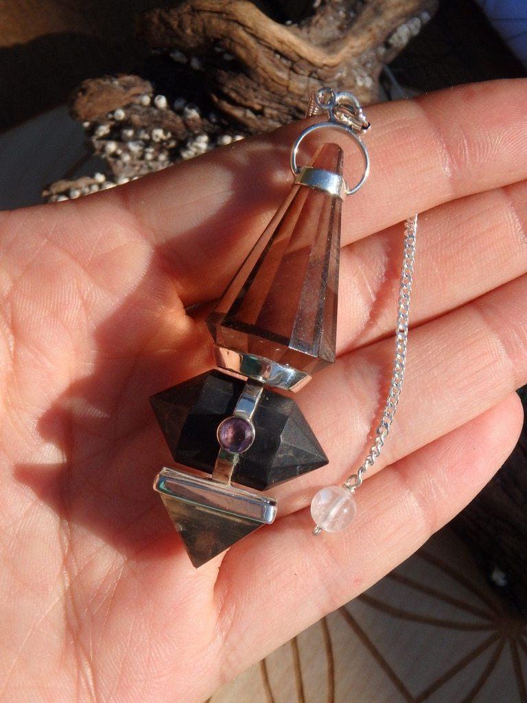 Custom Crafted~ Shungite & Smoky Quartz Pendulum With Faceted Amethyst  Carnelian Accent Stones In Sterling Silver - Earth Family Crystals