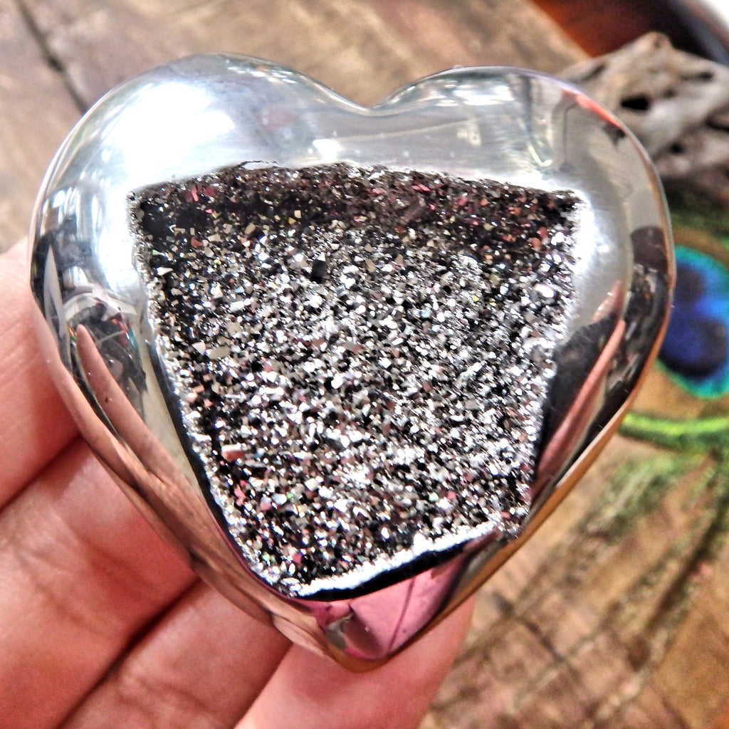 Brilliant Druzy Sparkle Silver Aura Quartz & Agate Geode Heart Carving - Earth Family Crystals