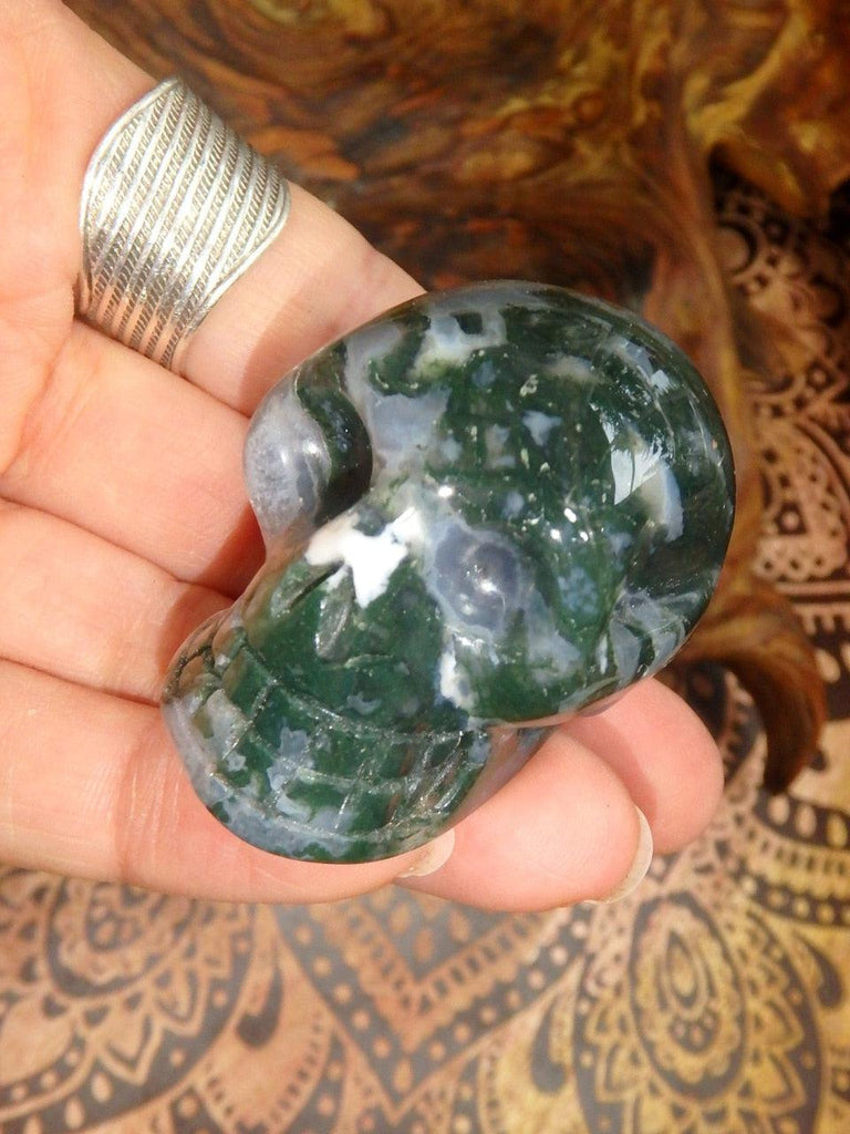 Great Personality Moss Agate Skull Carving - Earth Family Crystals