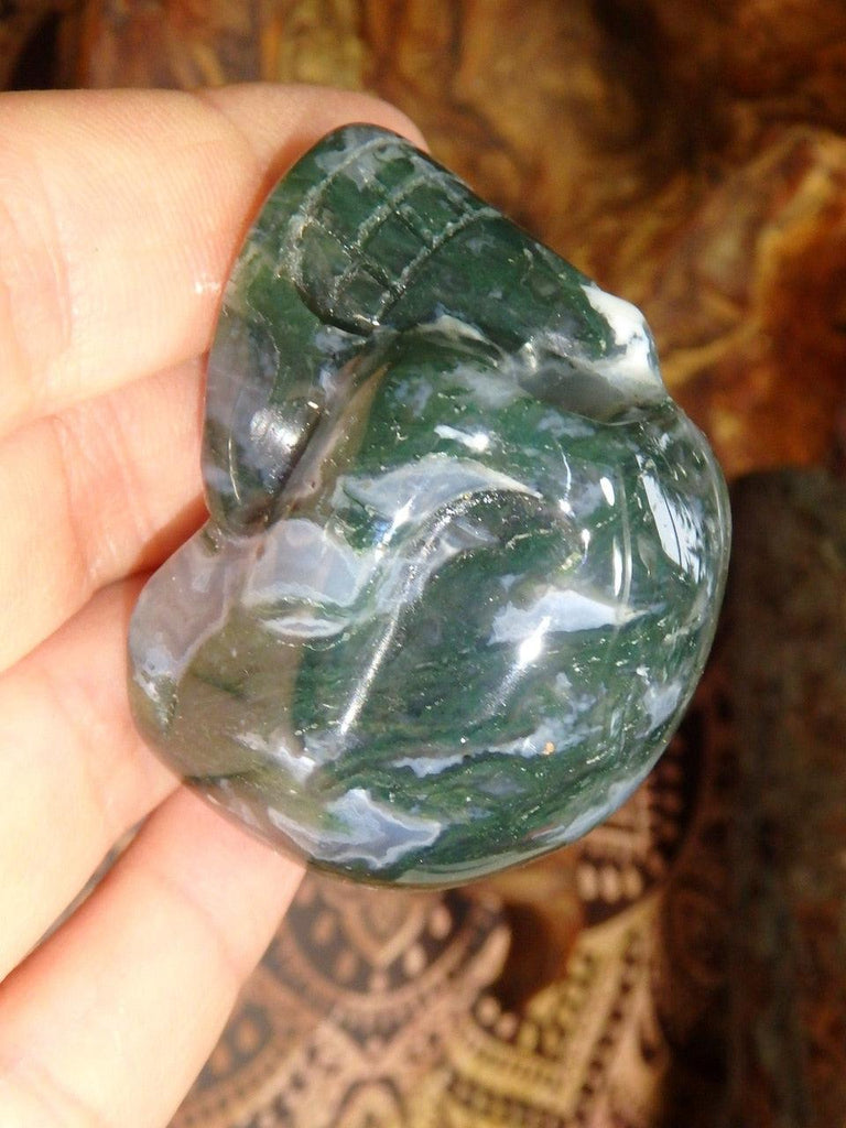 Great Personality Moss Agate Skull Carving - Earth Family Crystals