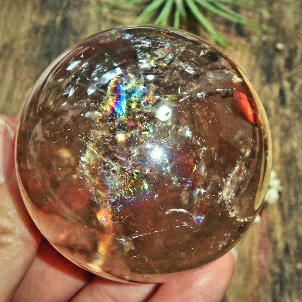 Breathtaking Unique Inner Child Point & Rainbows Smoky Quartz Sphere Carving - Earth Family Crystals
