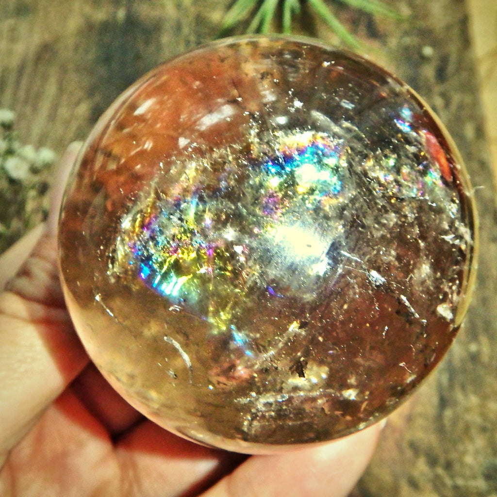 Breathtaking Unique Inner Child Point & Rainbows Smoky Quartz Sphere Carving - Earth Family Crystals