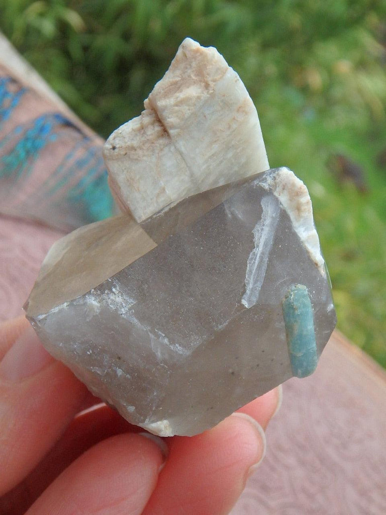 Unique Combo Smoky Quartz Point on Feldspar with Aquamarine Point Inclusion - Earth Family Crystals