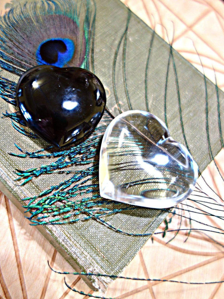 Crystal Heart Set~Smoky Quartz & Clear Quartz Small Heart Carvings - Earth Family Crystals