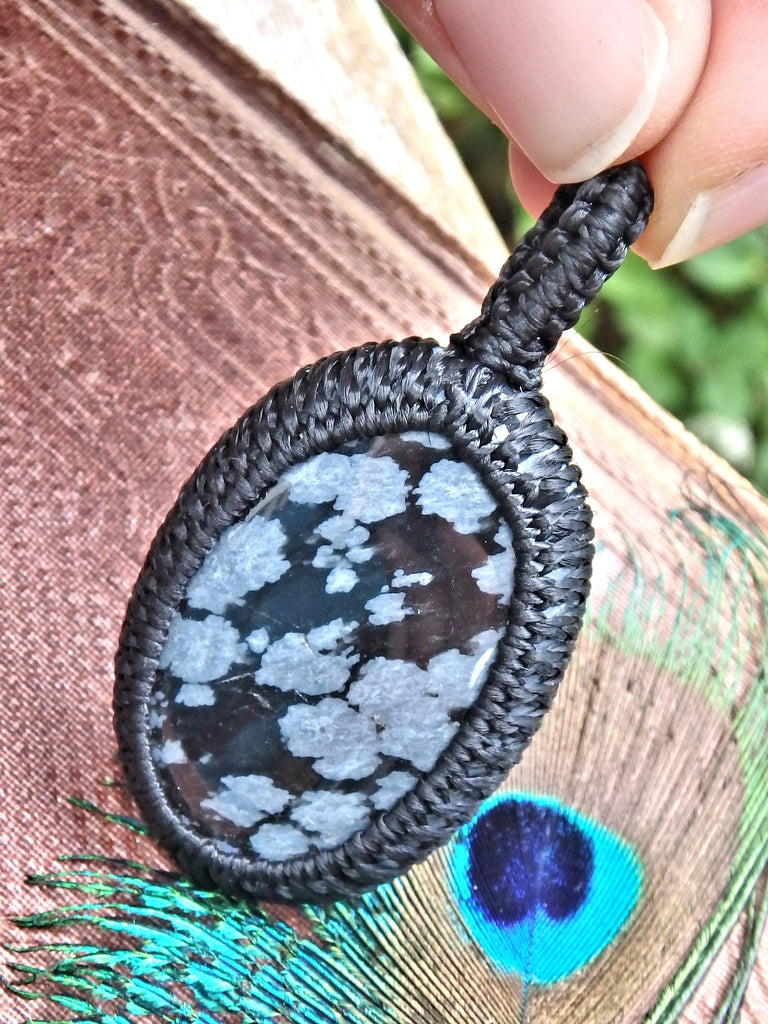 Billowy White Snowflake Obsidian  Macrame Wrapped Pendant - Earth Family Crystals
