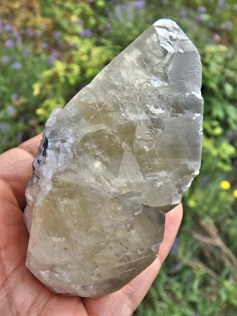 Brilliant Large Golden Calcite Point With Stibnite Inclusions & Self Healing - Earth Family Crystals