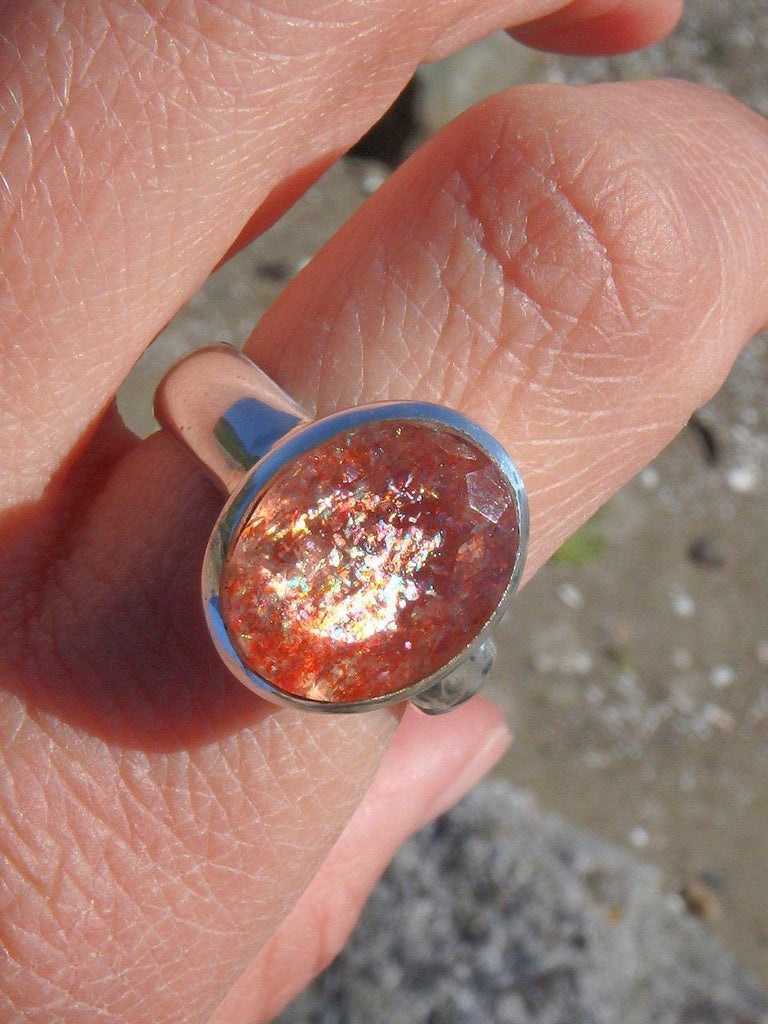 AA Grade~ Breathtaking Faceted Sunstone With Rainbow Sparkle Ring in Sterling Silver (Size 8.5) - Earth Family Crystals