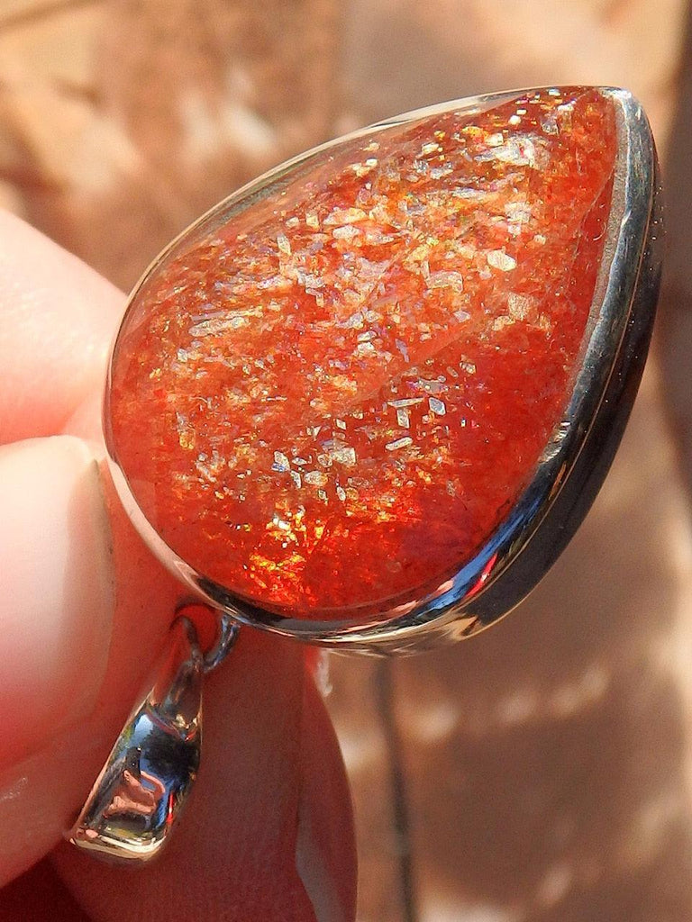 High Quality Lava Gold Fire Sparkle  Sunstone Pendant in Sterling Silver (Includes Silver Chain) - Earth Family Crystals