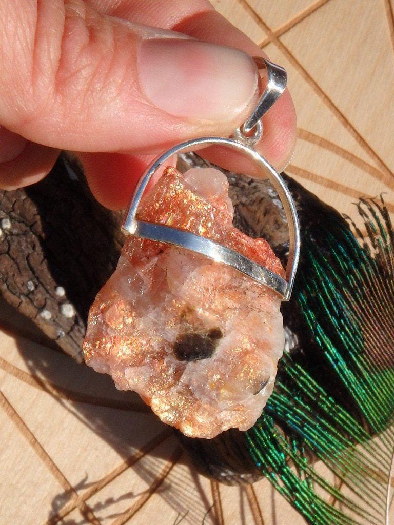 Chunky Raw Shimmer Sunstone Gemstone Pendant In Sterling Silver (Includes Silver Chain) - Earth Family Crystals