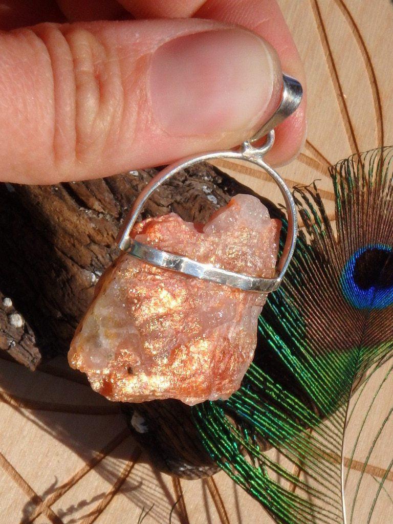 Chunky Raw Shimmer Sunstone Gemstone Pendant In Sterling Silver (Includes Silver Chain) - Earth Family Crystals