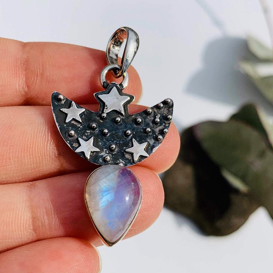 Trendy Crescent Moon & Stars Rainbow Moonstone Oxidized Sterling Silver Pendant (Includes Silver Chain) - Earth Family Crystals