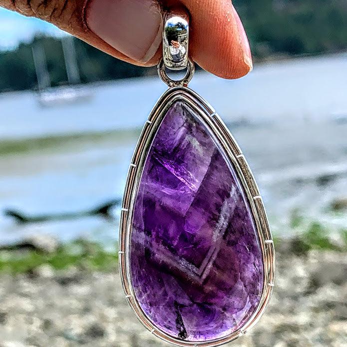 Large Deep Purple Chevron Amethyst  Pendant in Sterling Silver (Includes Silver Chain) #1 - Earth Family Crystals