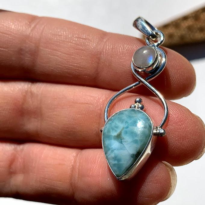 Gorgeous Blue Larimar & Moonstone Sterling Silver Pendant (Includes Silver Chain) #2 - Earth Family Crystals