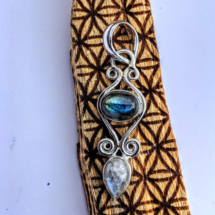 Precious Labradorite & Rainbow Moonstone Pendant in Sterling Silver (Includes Silver Chain) #1 - Earth Family Crystals