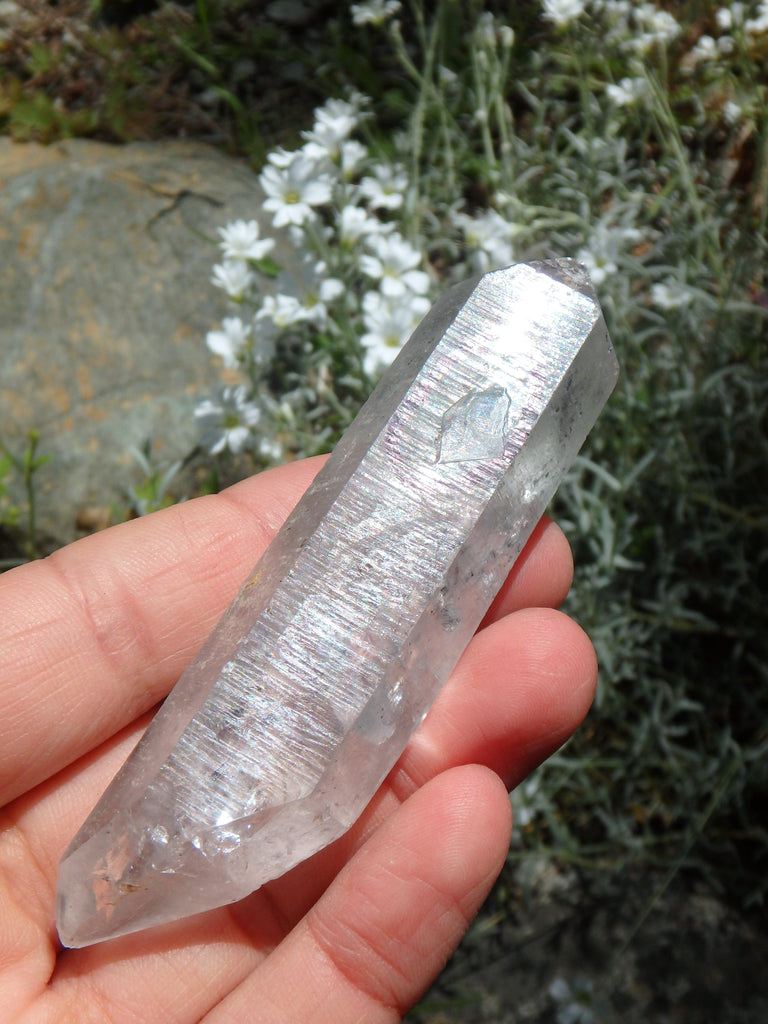 Moving Black Fragmant Bubbles in DT Tibetan Quartz Point - Earth Family Crystals