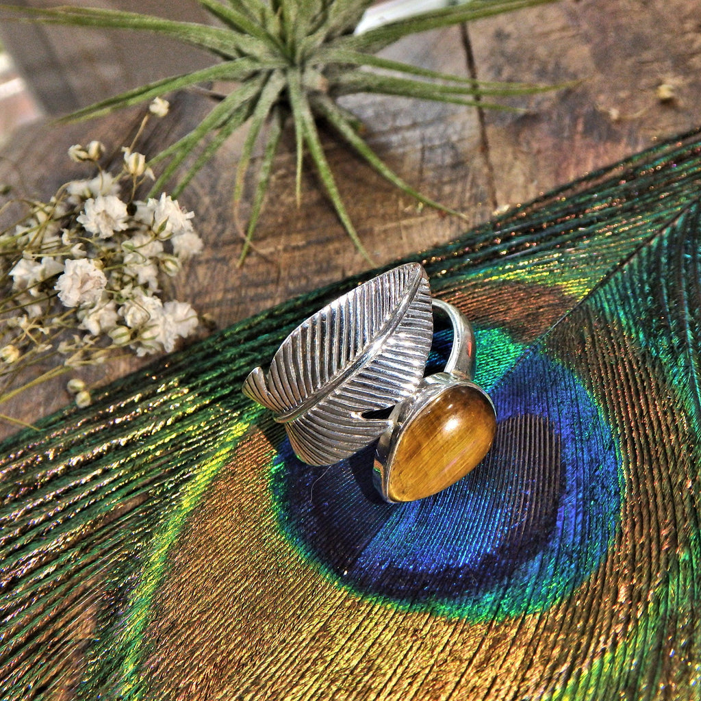 Stunning Tiger Eye Leaf Pattern Sterling Silver Ring (Adjustable Size 7-9) - Earth Family Crystals