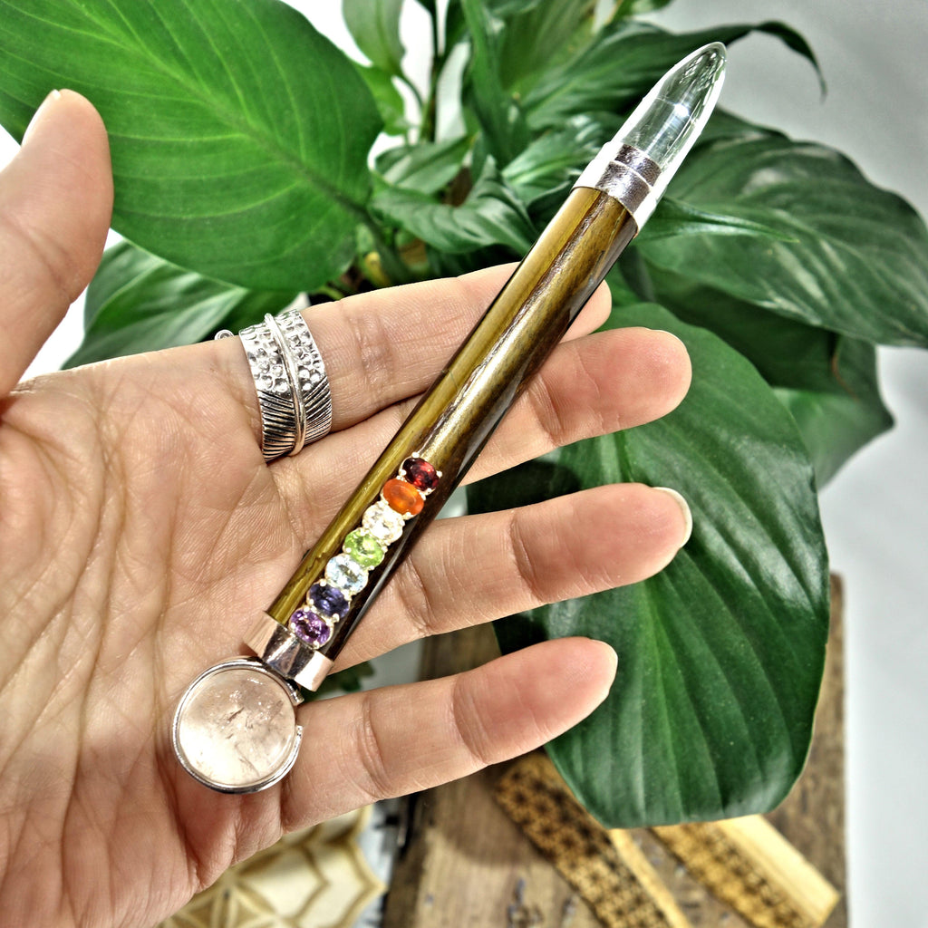 Gorgeous Faceted Chakra Gemstones On Tiger Eye & Clear Quartz Healing Wand - Earth Family Crystals