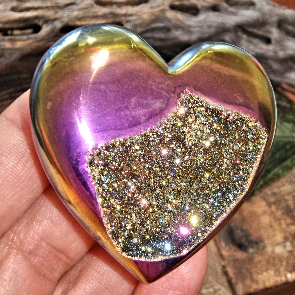 Brilliant Druzy Sparkle Rainbow Titanium Quartz & Agate Geode Heart Carving - Earth Family Crystals