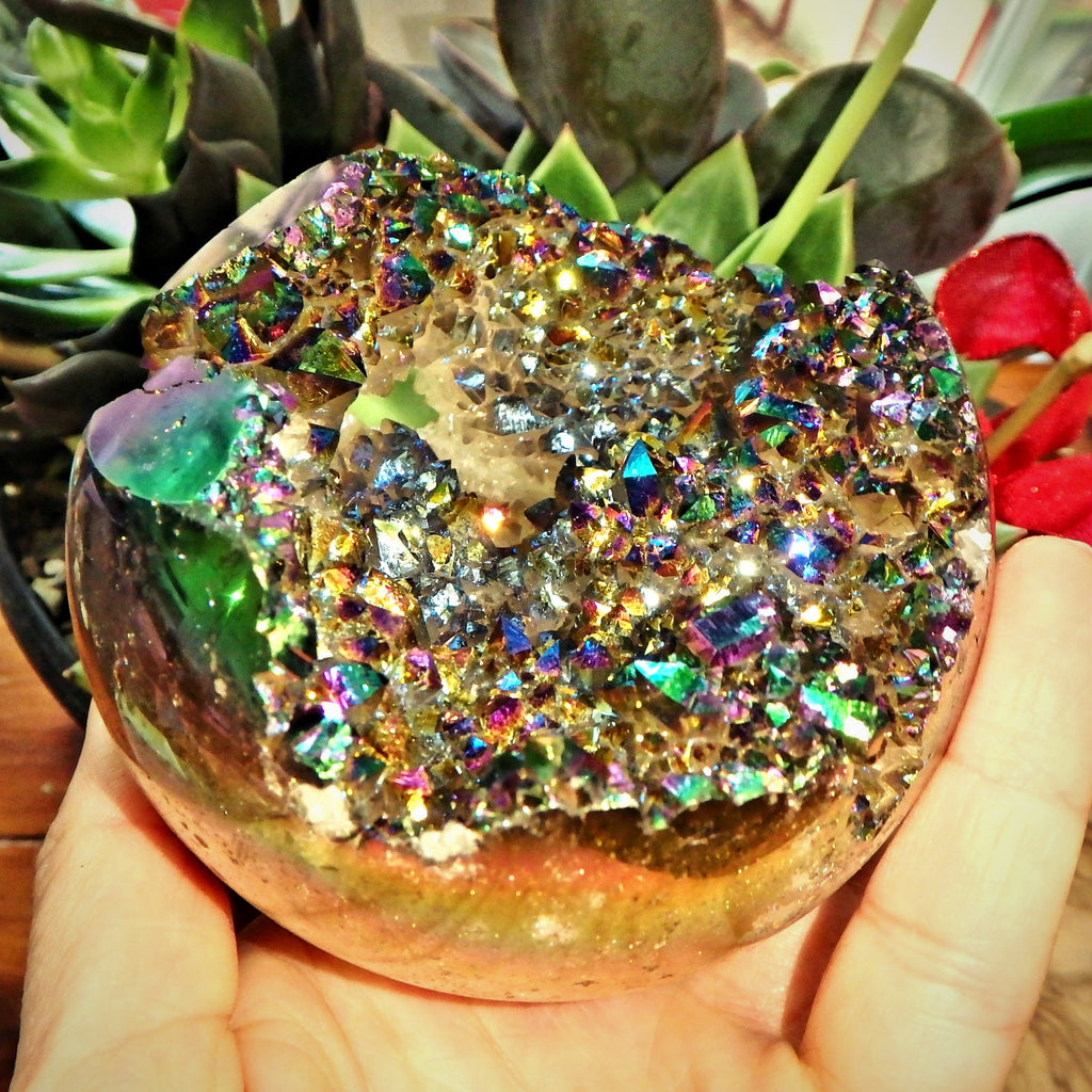 Mesmerizing XL Titanium Quartz Geode Sphere Carving From Brazil - Earth Family Crystals